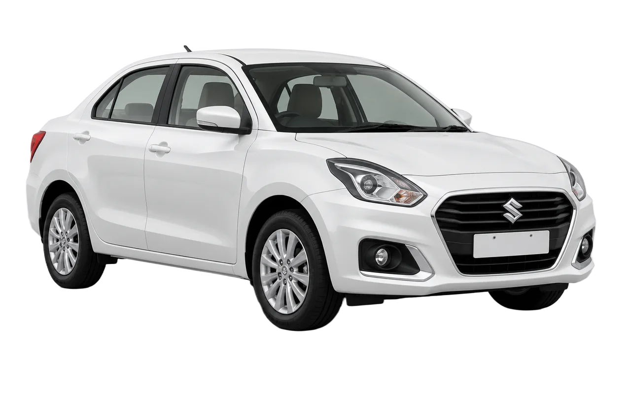 Brand new white Maruti Suzuki Swift Dzire sedan with no number plate
