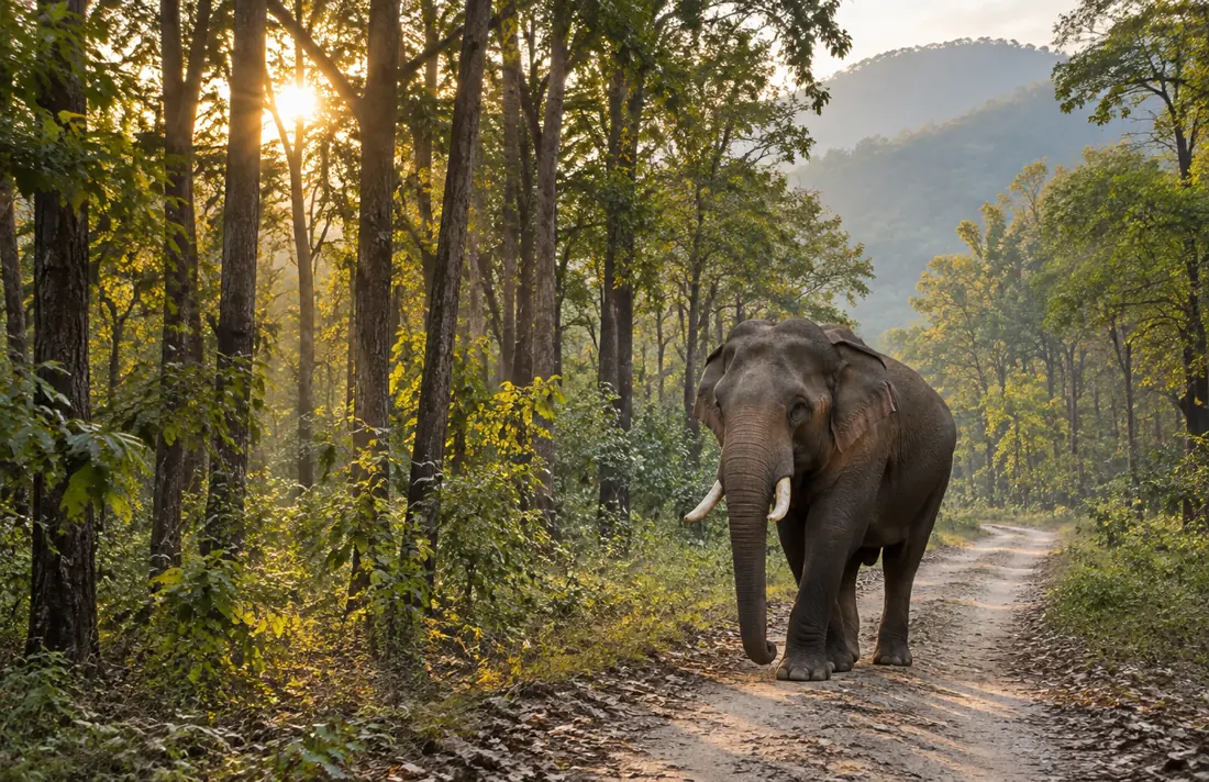 Elephant on a forest road in Jim Corbett National Park
